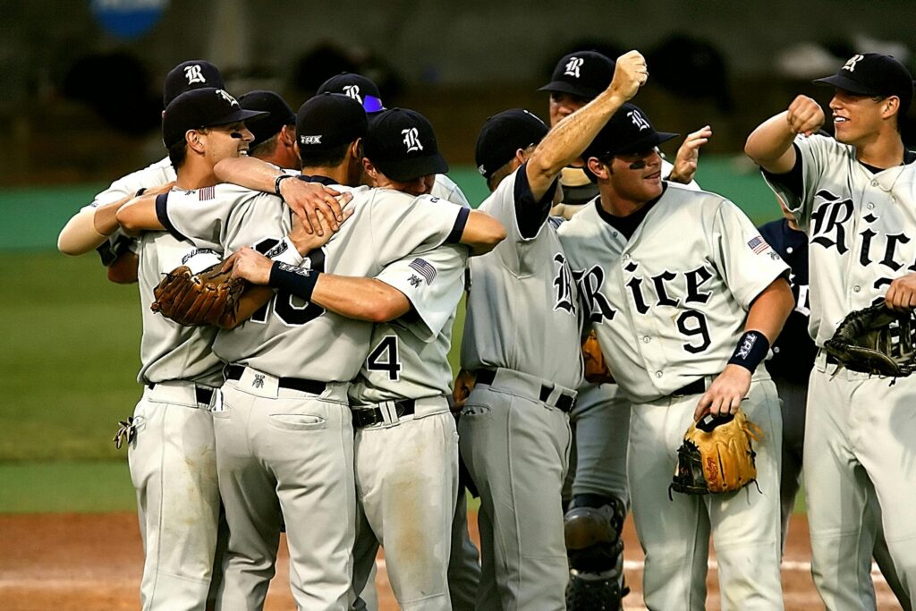Baseball team celebrating victory on a field, showcasing teamwork and joy.